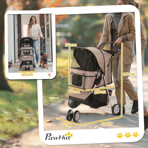 Foldable Dog Stroller – 3-Wheel Pet Pram with Storage Basket (Brown) - dimensions view