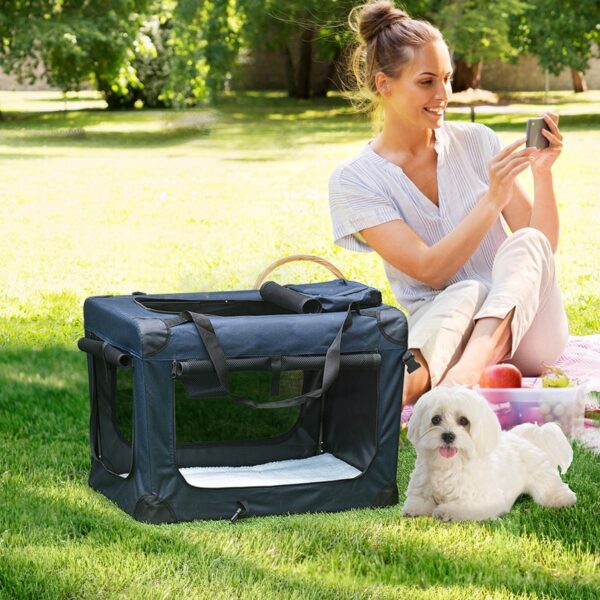 Foldable Pet Carrier for Small and Miniature Dogs, Portable Cat Carrier Soft Side Pet Travel Crate with Removable Mat, Storage Bags, Breathable Mesh 60 x 41.5 x 41cm - Dark Blue - in use view