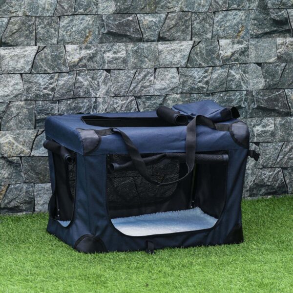 Foldable Pet Carrier for Small and Miniature Dogs, Portable Cat Carrier Soft Side Pet Travel Crate with Removable Mat, Storage Bags, Breathable Mesh 70 x 51 x 50cm - Dark Blue - in use view