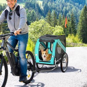 PetsMania Folding Dog Bike Trailer Pet Cart Carrier for Bicycle Travel in Steel Frame with Hitch Coupler - Light Blue & Grey - in use view