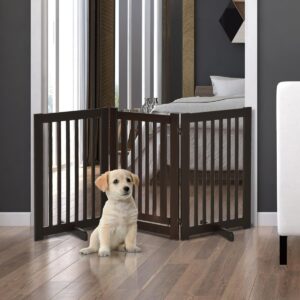 Freestanding Dog Gate, Foldable Pet Fence, Indoor Barrier, Stair Gate with Support Feet, 155 x 76 cm, Brown - in use view