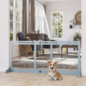 Freestanding Dog Gate, Foldable Pet Fence, Indoor Wood Barrier, Stair Gate with Support Feet, for Doorway, Hallway, Small and Medium Dogs, 69H x 104-183 cm, Blue-grey - in use view