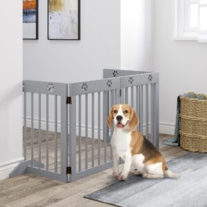 Freestanding Pet Gate 4 Panel Folding Wooden Dog Barrier with Support Feet - in use view