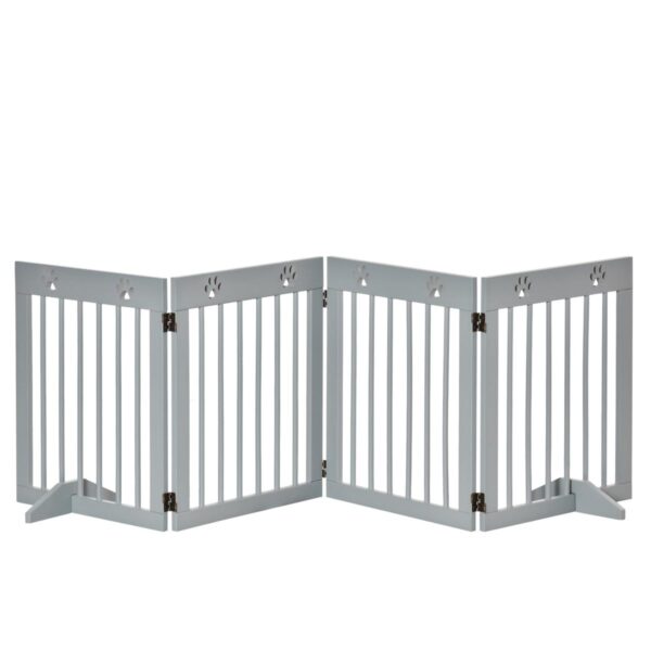 Freestanding Pet Gate - 4-Panel Folding Wooden Barrier, Grey - white background view