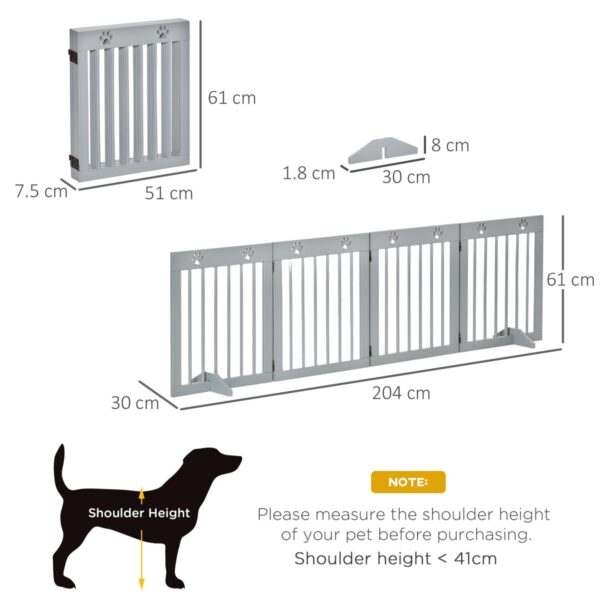 Freestanding Pet Gate - 4-Panel Folding Wooden Barrier, Grey - dimensions view