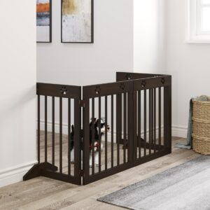 Freestanding Pet Gate 4 Panel Wooden Dog Barrier Folding Safety Fence with Support Feet up to 204cm Long 61cm Tall for Doorway Stairs Brown - in use view