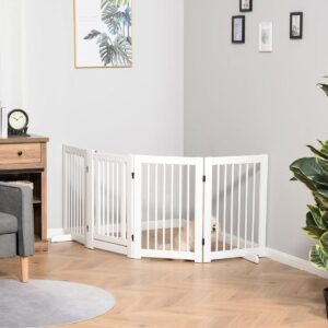 Freestanding Pet Gate 4 Panels Wooden Dog Safety Fence Foldable with Support Feet for Doorway Stairs 91cm Tall White - in use view