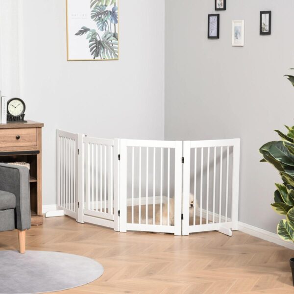 Freestanding Pet Gate 4 Panels Wooden Dog Safety Fence Foldable with Support Feet for Doorway Stairs 91cm Tall White - in use view