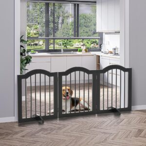 Freestanding Pet Gate Wooden Dog Gate with Support Feet Foldable Pet Fence Safety Barrier for the House Doorway Stairs Black - in use view