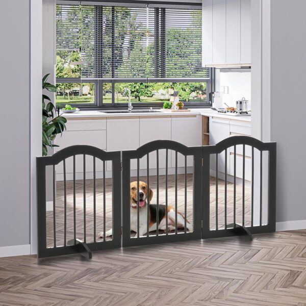 Freestanding Pet Gate Wooden Dog Gate with Support Feet Foldable Pet Fence Safety Barrier for the House Doorway Stairs Black - in use view