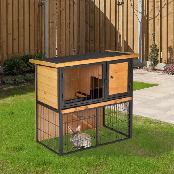 Guinea Pig Hutch Rabbit Hutch Wood-metal Elevated Pet House Bunny Cage with No-Leak Tray Ramp Openable Roof Outdoor 89.5 x 45 x 81cm Light Yellow - in use view