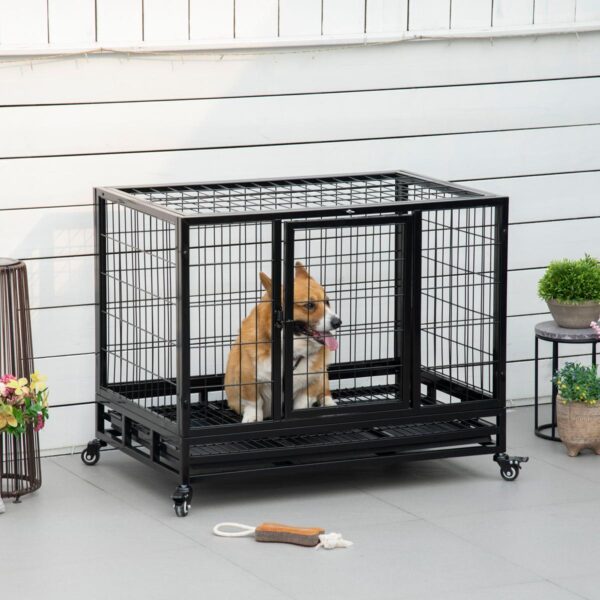PetsMania 38" Heavy Duty Metal Dog Crate Pet Cage with Tray Wheeled Dog Kennel - Black (Medium) - in use view