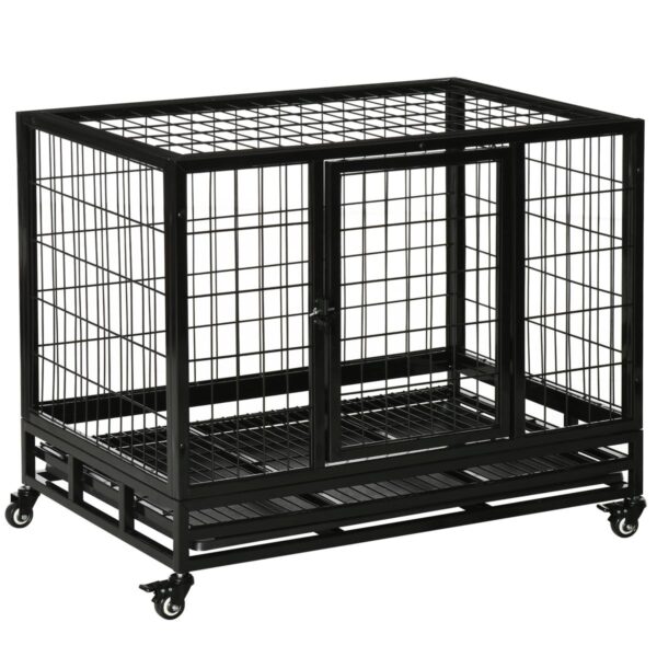 38″ Heavy Duty Metal Dog Crate - Wheeled Kennel with Tray, Black - white background view