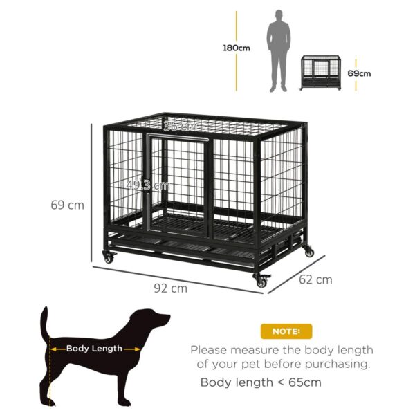 38″ Heavy Duty Metal Dog Crate – Wheeled Kennel with Tray, Black (Medium) - dimensions view