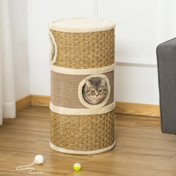 Cat Scratching Barrel Kitten Tree Tower for Indoor Cats Pet Furniture Climbing Frame Covered with Sisal and Seaweed Rope Cozy Platform Soft Plush - in use view