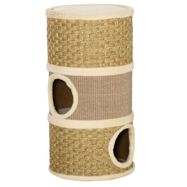 Indoor Cat Scratching Barrel - Kitten Tower with Rope & Plush Platform - white background view