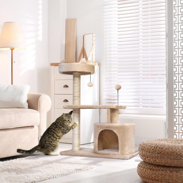 Cat Tree for Indoor Cats with Scratching Post Climbing Tower Kitty Activity Centre Condo Perch Jumping Platforms Beige 60L x 40W x 81H cm - in use view