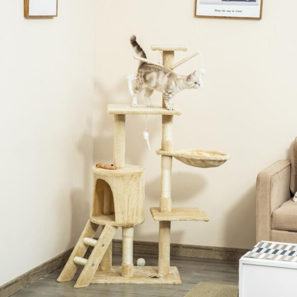 PetsMania Cat Tree for Indoor Cats 135cm Kitten Tower Scratching Post Kitty Scratcher Climbing Tower with Ladder, Beige - in use view