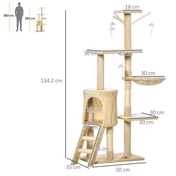 Indoor Cat Tree – 135cm Kitten Tower with Ladder & Scratching Post (Beige) - dimensions view
