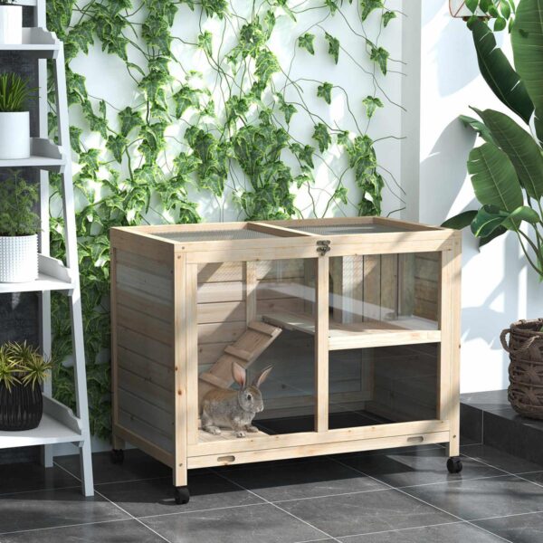Rabbit Hutch Indoor Wooden Guinea Pig House Hamster Cage with Wheels, 2 Layers Bunny Cage with Openable Roof, 91.5 x 53.3 x 73 cm, Natural - in use view