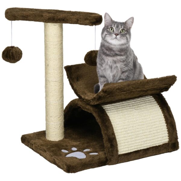 Kitten Cat Tree - Rotatable Top, Sisal Post, Tunnel & Dangling Balls, Brown - white background view