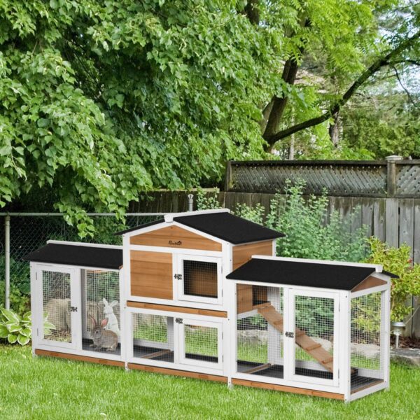 2-Tier Large Rabbit Hutch Outdoor with Double Side Run Boxes, No-leak Plastic Tray, Ramp, 230 x 53 x 93.5cm, White - in use view