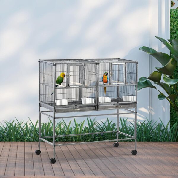 Large Bird Cage Parrot Cage with Divider, Slide Tray for Finch Canaries Parakeets Cockatiels, 95 x 45.5 x 102 cm - in use view