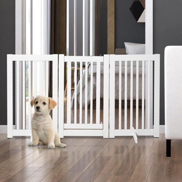 PawHutPet Gates MDF Freestanding Expandable Dog Gate Wood Doorway Pet Barrier Fence with Latched Door White - in use view