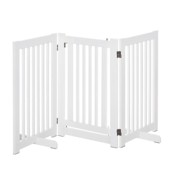 MDF Pet Gate - Freestanding Expandable Wood Barrier with Latched Door, White - white background view