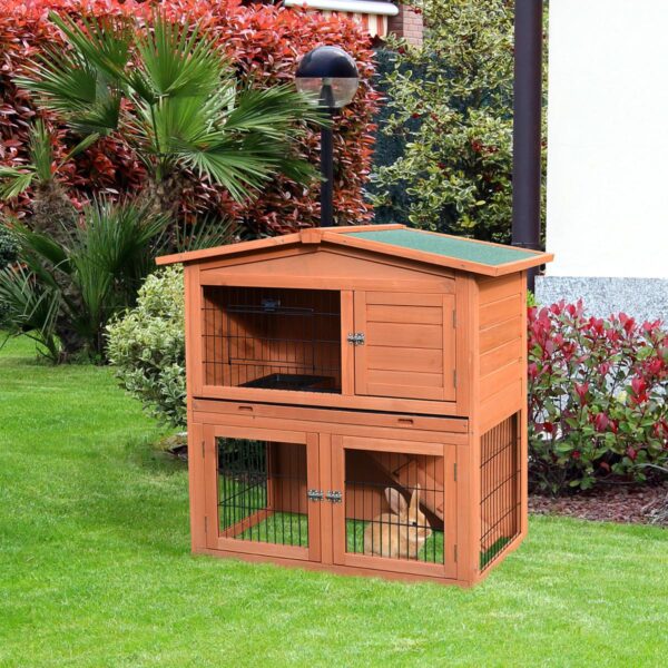 Rabbit Hutch Outdoor Guinea Pig Hutch 2-Tier Bunny Cage with No-Leak Tray 100.5 x 55 x 101 cm - in use view