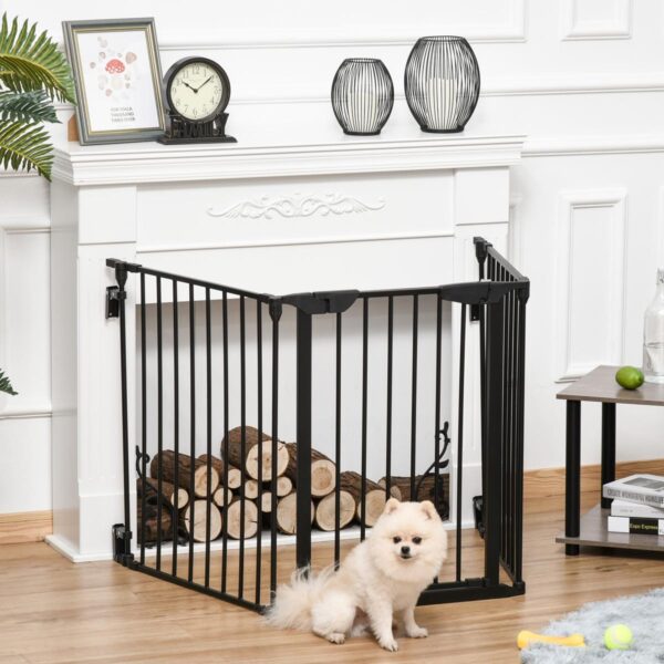Pet Safety Gate, 3 Panels Playpen Fireplace, Metal Fence, Stair Barrier, Room Divider with Walk-Through Door - Black - in use view