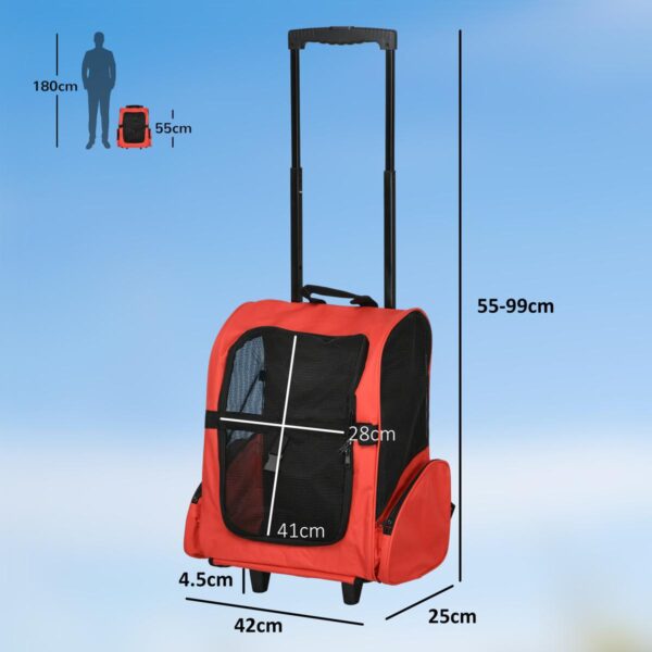 Pet Travel Backpack – Carrier with Trolley & Wheels (Red) - dimensions view
