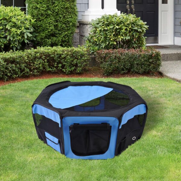 PetsMania Portable Cat Dog Playpen Pet Puppy Rabbit Guinea Pig Pen Run Dia 90 x 41H cm Indoor & Outdoor Blue - in use view