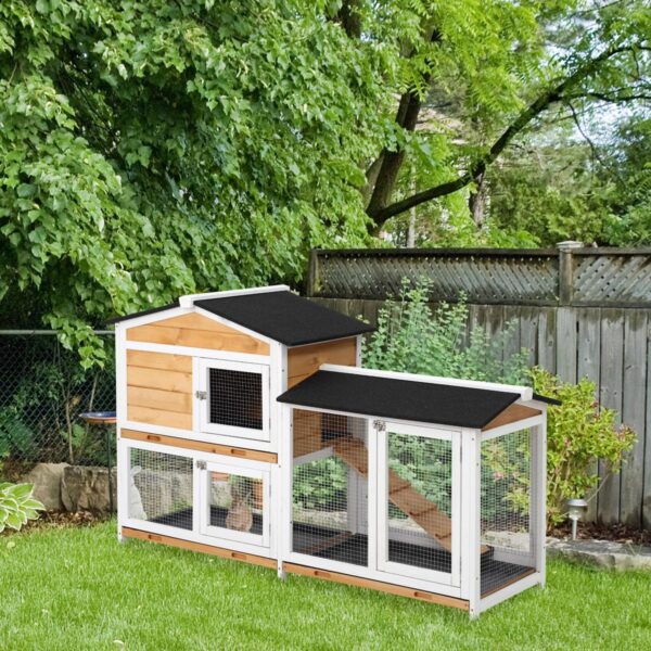 Rabbit Hutch Guinea Pig Hutch Wooden House with Run, 2 Tier Pet Cage Outdoor with No-leak Plastic Trays, 157.4 x 53 x 93.5cm, Yellow - in use view