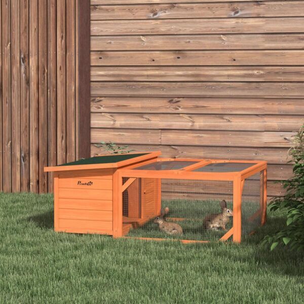 Rabbit Hutch Outdoor Guinea Pig Hutch with Run Small Animal Off-ground Duck House Hideaway Backyard with Openable Roof 125.5 x 100 x 49cm Orange - in use view