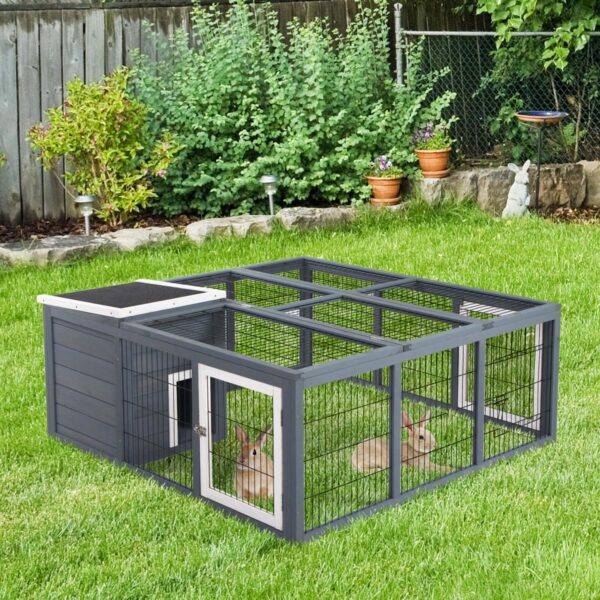 Rabbit Hutch Outdoor, Guinea Pig House, Bunny Run Cage with Openable Top for 1-2 Rabbits, 123 x 120 x 52cm, Grey - in use view