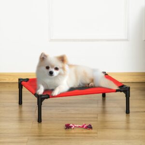 PetsMania Raised Dog Bed Cat Elevated Lifted Portable Camping w/ Metal Frame Black and Red (Small) - in use view