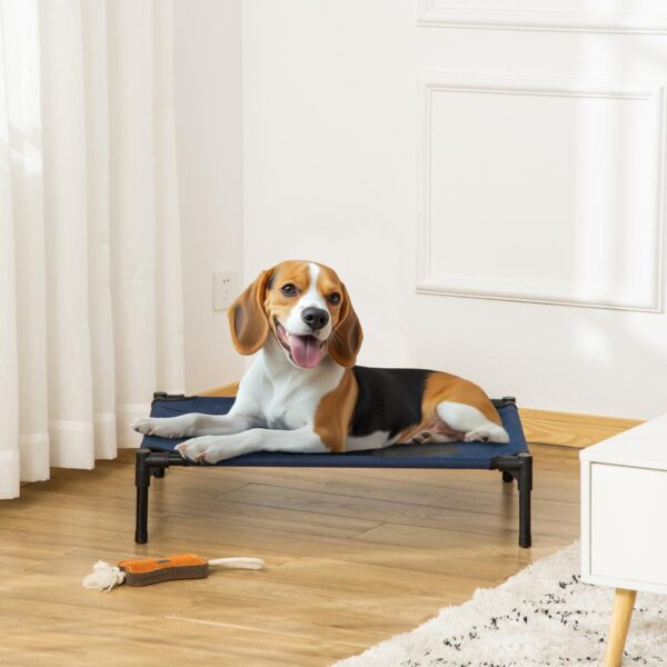 PetsMania Raised Dog Bed Cat Elevated Lifted Puppy Pet Elevated Cot Portable Camping Basket – Blue (Medium) - in use view
