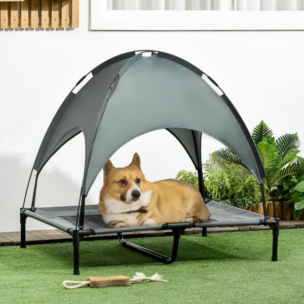 Raised Dog Bed Waterproof Elevated Pet Cot with Breathable Mesh UV Protection Canopy Grey, for Large Dogs, 92 x 76 x 90cm - in use view