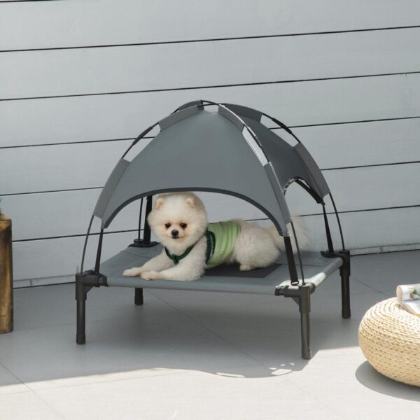 Raised Dog Bed Waterproof Elevated Pet Cot with Breathable Mesh UV Protection Canopy Grey, for Small Dogs, 61 x 46 x 62cm - in use view