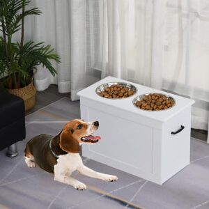 Raised Dog Bowls, with Storage, Two Stainless Steel Bowls, Elevated Base - White - in use view