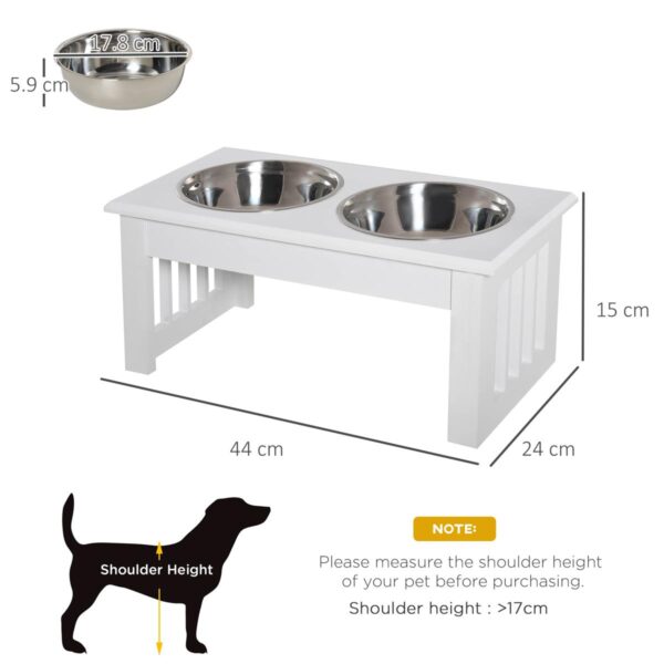 Raised Dog Feeding Bowls – Compact Stainless Stand (44x24x15cm, White) - dimensions view
