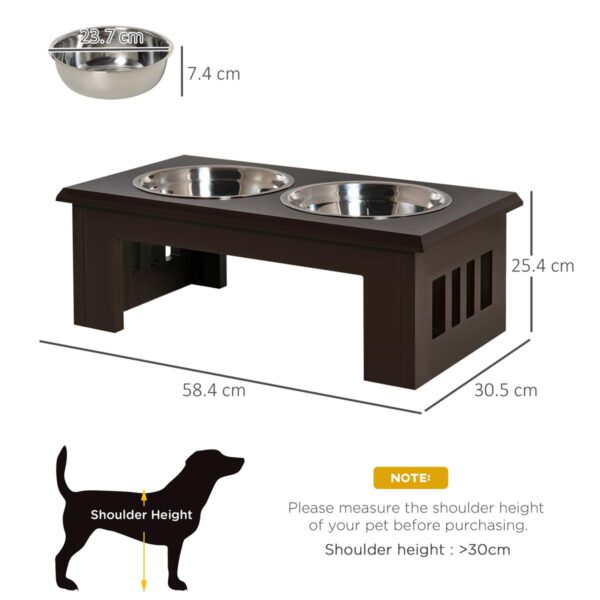 Raised Dog Feeding Bowls – Premium Stainless Stand (58x31x25cm, Brown) - dimensions view