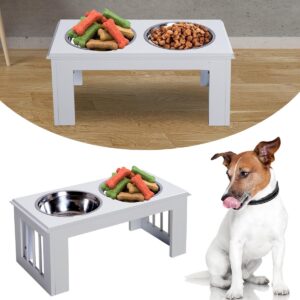 PetsMania Raised Dog Feeding Bowls with Stand, Stainless Steel for Medium Dog, 58L x 31W x 25H cm - White - in use view
