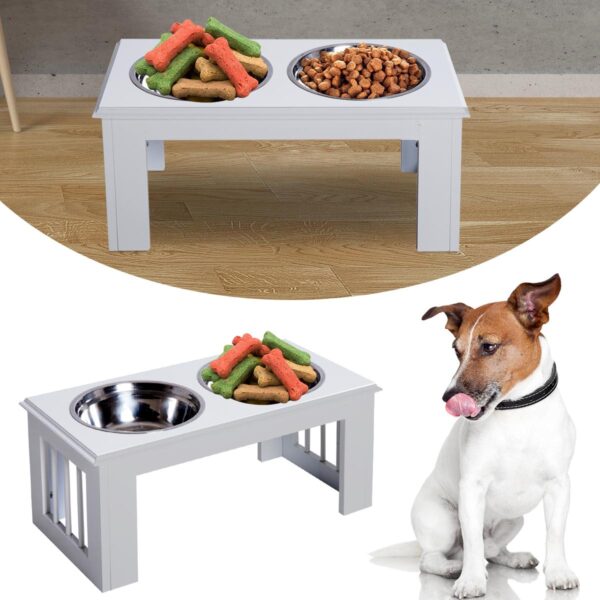 PetsMania Raised Dog Feeding Bowls with Stand, Stainless Steel for Medium Dog, 58L x 31W x 25H cm - White - in use view