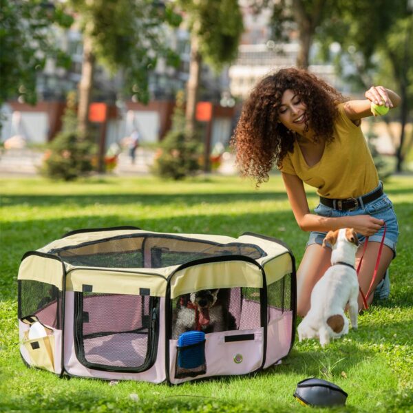 PetsMania Fabric Pet Whelping Box Dog Cat Puppy Playpen Rabbit Guinea Pig Play Pen in Pink With Carry Bag Small Dia 90 x 41Hcm - in use view