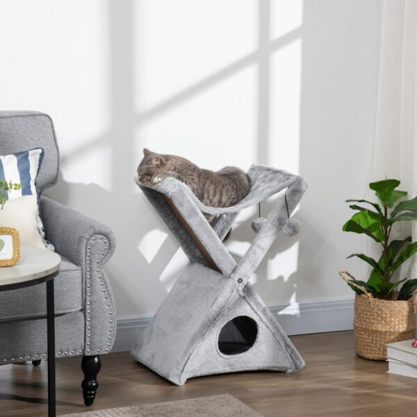 PetsMania Two Tier Cat Tree for Indoor Cats Play Rest Activity Tower Plush Folding Relax Center w/ Scratching Post Hammock Pom Poms Grey - in use view