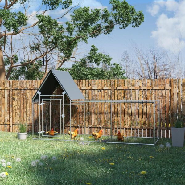 Walk In Chicken Run Chicken Coop, Large Poultry Cage Hen House for 6-8 Chickens Outdoor with Water-Resist Cover 302 x 107 x 172cm - in use view