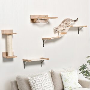 4PCs Wall-mounted Cats Climbing Shelf Set Cat Tree Kitten Perch Activity Center with Hammock Scratching Post Jumping Platform Brown - in use view