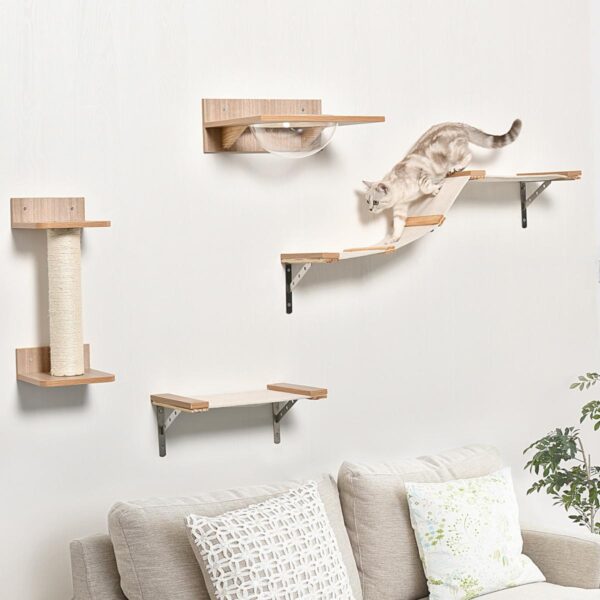 4PCs Wall-mounted Cats Climbing Shelf Set Cat Tree Kitten Perch Activity Center with Hammock Scratching Post Jumping Platform Brown - in use view